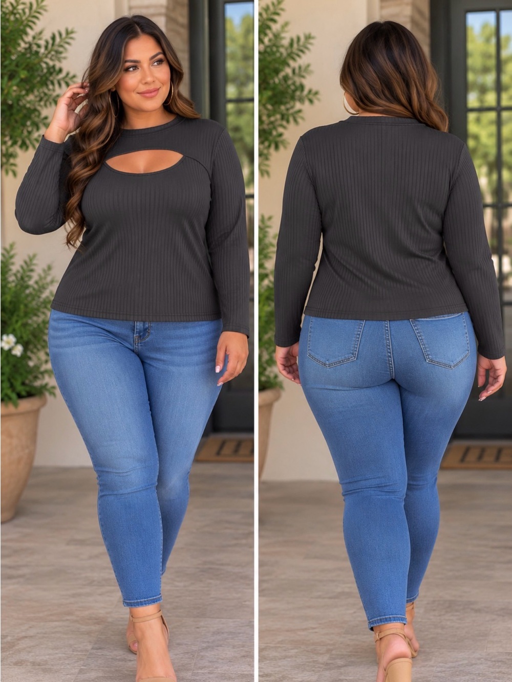 Black Ribbed Long Sleeve Cutout Top